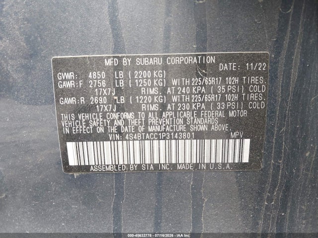 Aukcja sprzedaży 2023 Subaru Outback Premium, vin: 4S4BTACC1P3143801, numer aukcji: 45632778