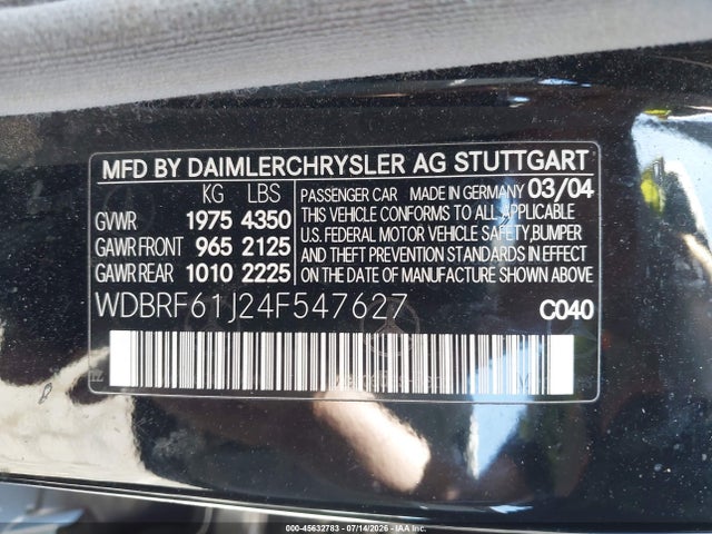 45632783 :رقم المزاد ، WDBRF61J24F547627 vin ، 2004 Mercedes-benz C 240 مزاد بيع