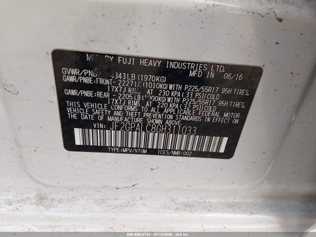 2016 Subaru Crosstrek 2.0i Limited მანქანა იყიდება აუქციონზე, vin: JF2GPALC8GH311033, აუქციონის ნომერი: 45632793