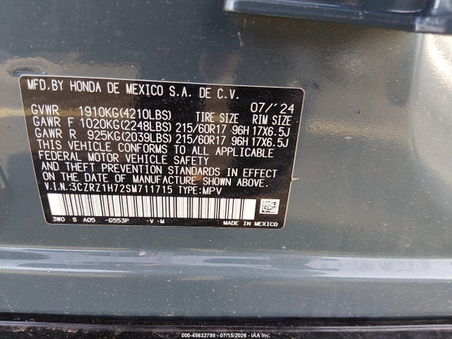 45632798 :رقم المزاد ، 3CZRZ1H72SM711715 vin ، 2025 Honda Hr-v 2wd Ex-l مزاد بيع