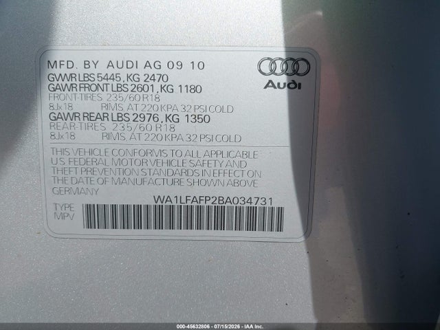 Продажа на аукционе авто 2011 Audi Q5 2.0t Premium, vin: WA1LFAFP2BA034731, номер лота: 45632806
