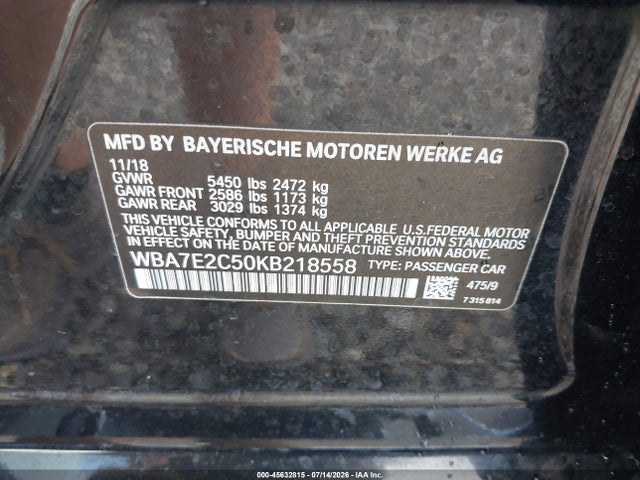 Aukcja sprzedaży 2019 Bmw 740i, vin: WBA7E2C50KB218558, numer aukcji: 45632815