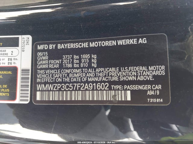 2015 Mini Convertible Cooper S მანქანა იყიდება აუქციონზე, vin: WMWZP3C57F2A91602, აუქციონის ნომერი: 45632824