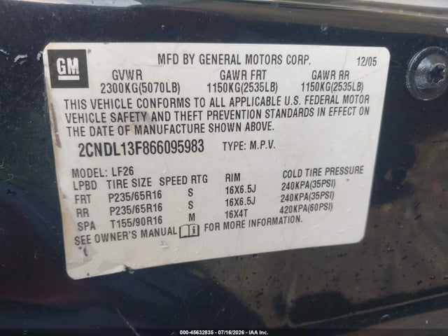 Aukcja sprzedaży 2006 Chevrolet Equinox Ls, vin: 2CNDL13F866095983, numer aukcji: 45632835