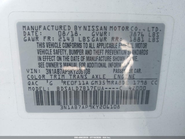 Nissan SENTRA SV 2019 3N1AB7AP9KY206108 Image 9