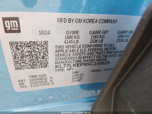 KL77LKEP9SC145625 Chevrolet Trax Fwd Activ