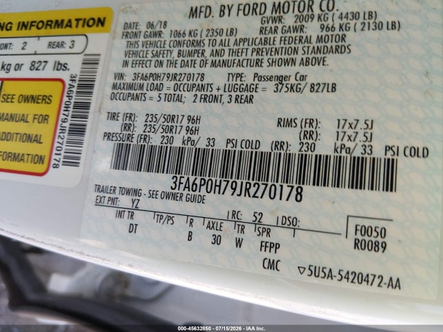 Ford FUSION SE 2018 3FA6P0H79JR270178 Image 9