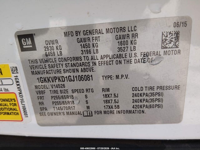 Продаж на аукціоні авто 2016 Gmc Acadia Sle-2, vin: 1GKKVPKD1GJ106081, номер лоту: 45632868