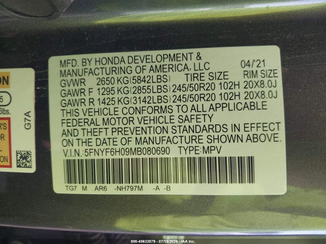 Honda Pilot Awd Elite 2021 5FNYF6H09MB080690 Image 9