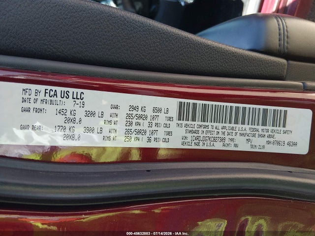 45632883 :رقم المزاد ، 1C4RDJDG7KC827309 vin ، 2019 Dodge Durango Gt Plus Awd مزاد بيع
