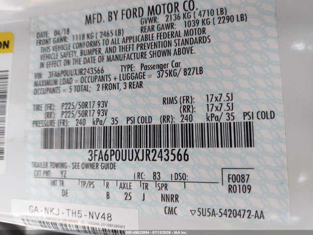 3FA6P0UUXJR243566 Ford Fusion Hybrid S