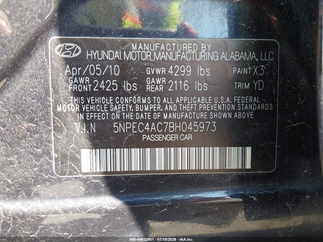 45632901 :رقم المزاد ، 5NPEC4AC7BH045973 vin ، 2011 Hyundai Sonata Limited مزاد بيع