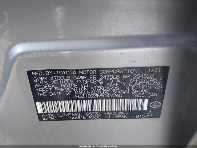 Aukcja sprzedaży 2022 Lexus Is 350 F Sport, vin: JTHGZ1B23N5049260, numer aukcji: 45632914