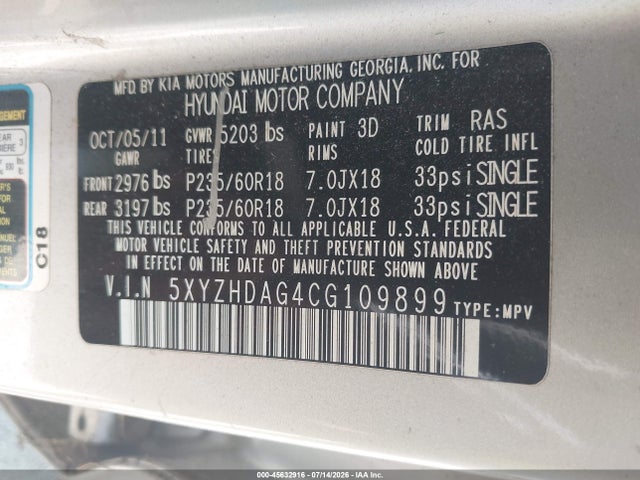 Aukcja sprzedaży 2012 Hyundai Santa Fe Se, vin: 5XYZHDAG4CG109899, numer aukcji: 45632916