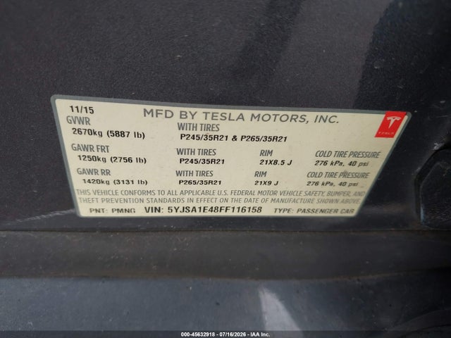 Продажа на аукционе авто 2015 Tesla Model S 85d/p85d, vin: 5YJSA1E48FF116158, номер лота: 45632918