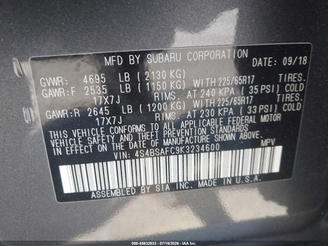 Subaru Outback 2.5i Premium 2019 4S4BSAFC9K3234600 Image 9