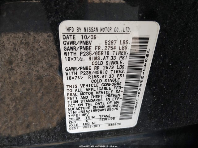 Продажа на аукционе авто 2010 Nissan Murano S, vin: JN8AZ1MW6AW105675, номер лота: 45632938
