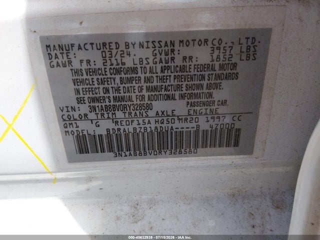 45632939 :رقم المزاد ، 3N1AB8BV0RY328580 vin ، 2024 Nissan Sentra S Xtronic Cvt مزاد بيع