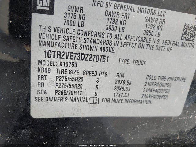45632948 :رقم المزاد ، 1GTR2VE73DZ270751 vin ، 2013 Gmc Sierra 1500 Sle مزاد بيع