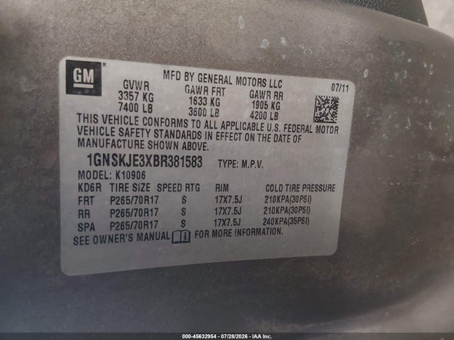 Продажа на аукционе авто 2011 Chevrolet Suburban Lt, vin: 1GNSKJE3XBR381583, номер лота: 45632954