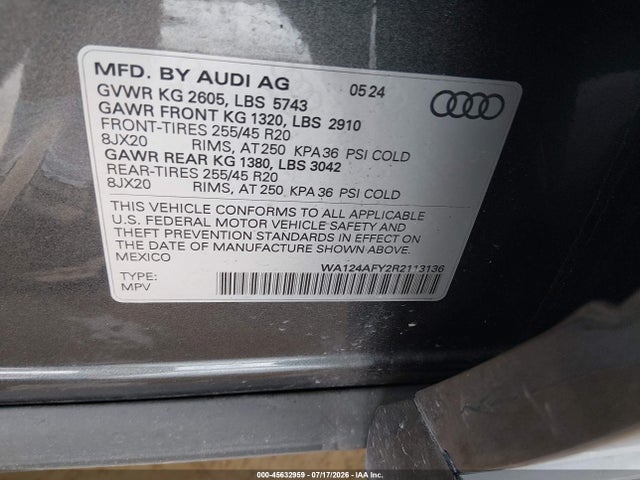 Продаж на аукціоні авто 2024 Audi Sq5 Sportback Premium Plus Tfsi Quattro Tiptronic, vin: WA124AFY2R2113136, номер лоту: 45632959