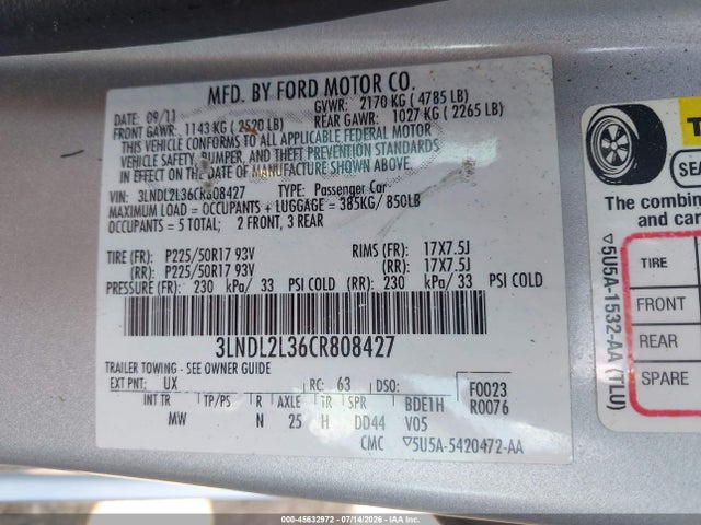 Aukcja sprzedaży 2012 Lincoln Mkz Hybrid, vin: 3LNDL2L36CR808427, numer aukcji: 45632972