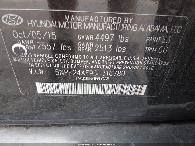 5NPE24AF9GH316780 Hyundai SONATA SE