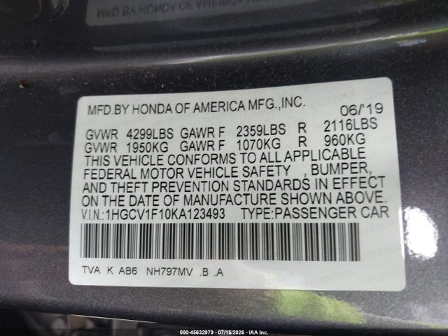 Honda ACCORD LX 2019 1HGCV1F10KA123493 Image 9