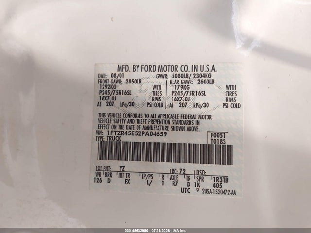 2002 Ford Ranger Edge/xlt მანქანა იყიდება აუქციონზე, vin: 1FTZR45E52PA04659, აუქციონის ნომერი: 45632980
