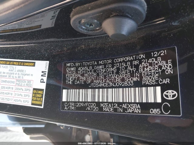 Toyota COROLLA SE 2022 JTDS4MCE3NJ092833 Image 9