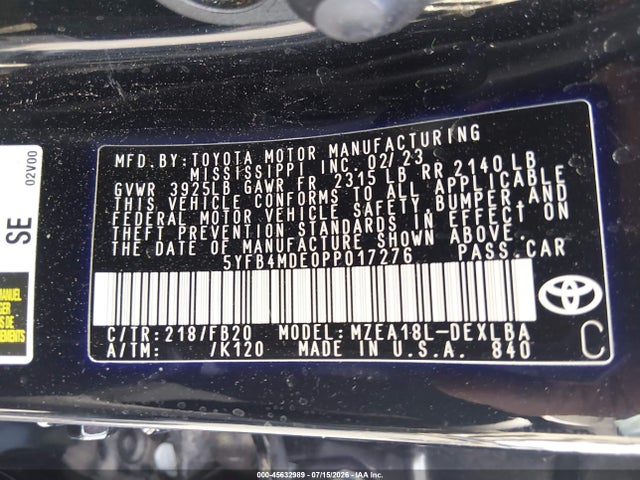 Продаж на аукціоні авто 2023 Toyota Corolla Le, vin: 5YFB4MDE0PP017276, номер лоту: 45632989