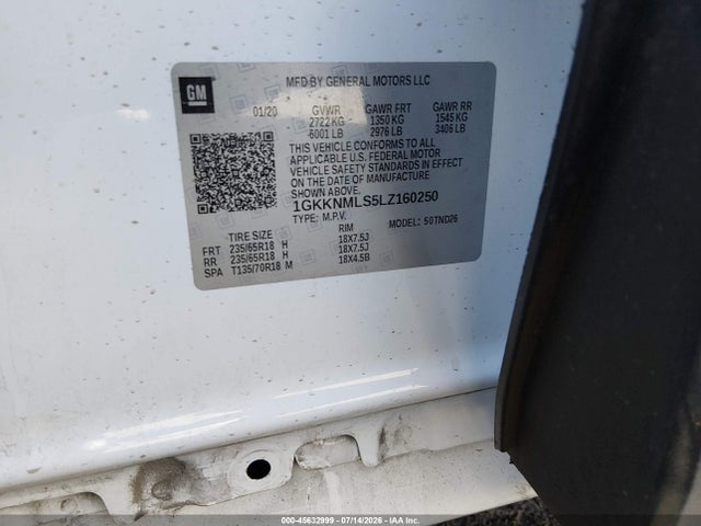 45632999 :رقم المزاد ، 1GKKNMLS5LZ160250 vin ، 2020 Gmc Acadia Fwd Slt مزاد بيع
