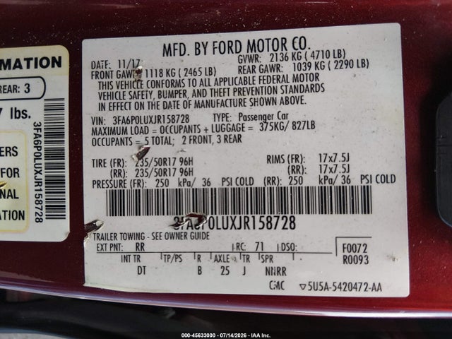 3FA6P0LUXJR158728 Ford Fusion Hybrid Se
