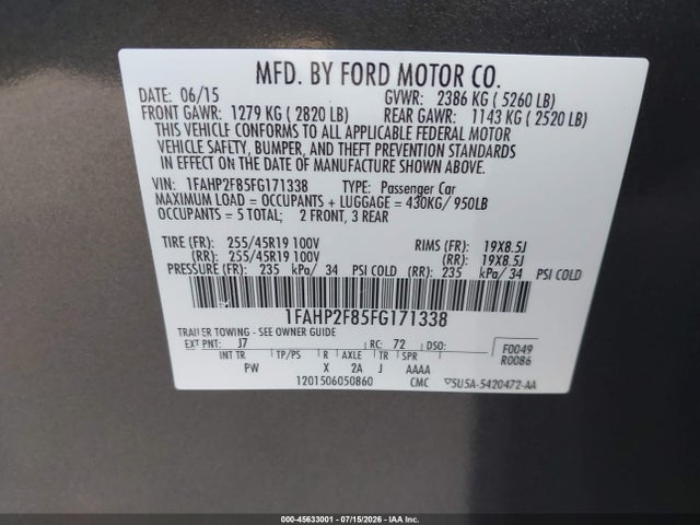 Ford Taurus Limited 2015 1FAHP2F85FG171338 Image 9