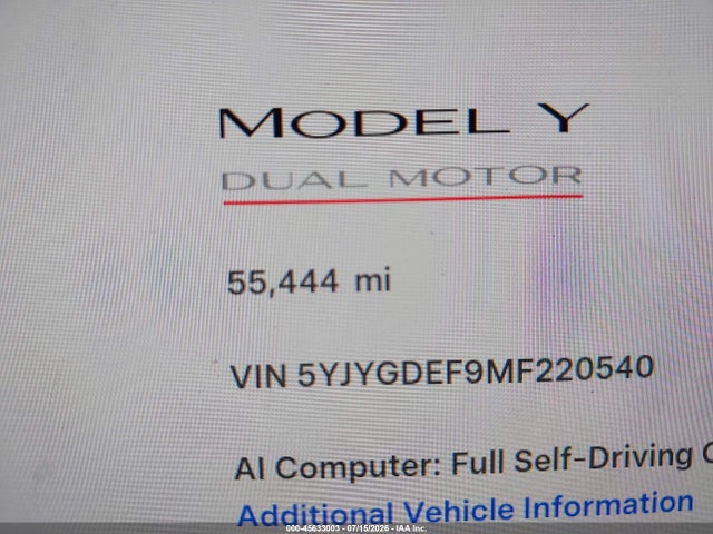 Aukcja sprzedaży 2021 Tesla Model Y Performance Dual Motor All-wheel Drive, vin: 5YJYGDEF9MF220540, numer aukcji: 45633003