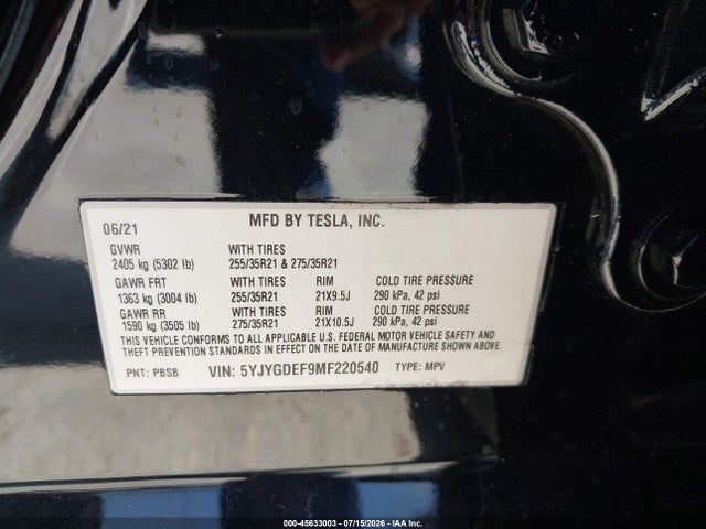 Aukcja sprzedaży 2021 Tesla Model Y Performance Dual Motor All-wheel Drive, vin: 5YJYGDEF9MF220540, numer aukcji: 45633003
