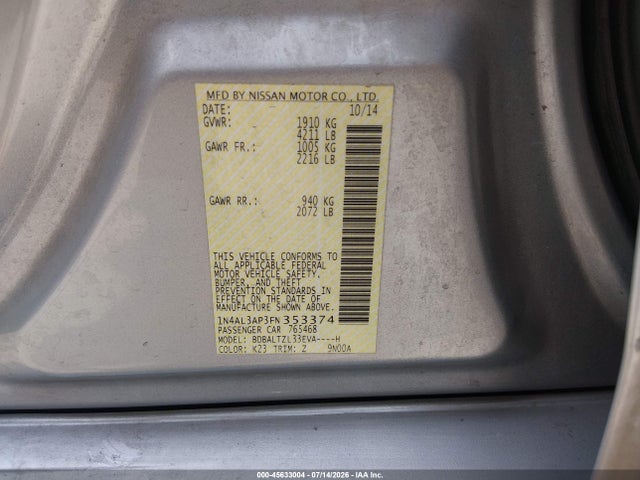 1N4AL3AP3FN353374 Nissan Altima 2.5 Sl