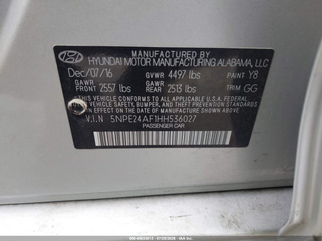 Продажа на аукционе авто 2017 Hyundai Sonata, vin: 5NPE24AF1HH536027, номер лота: 45633013
