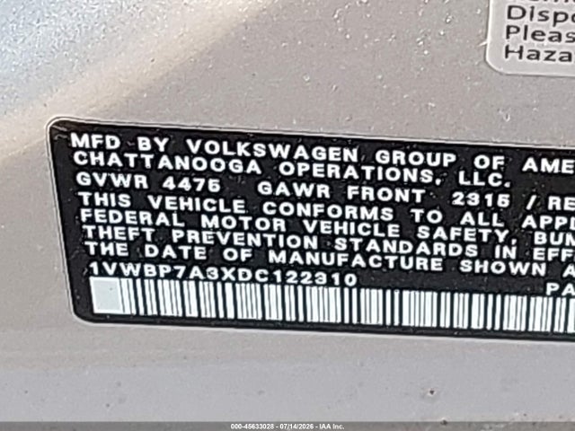 2013 Volkswagen Passat 2.5l Se მანქანა იყიდება აუქციონზე, vin: 1VWBP7A3XDC122310, აუქციონის ნომერი: 45633028