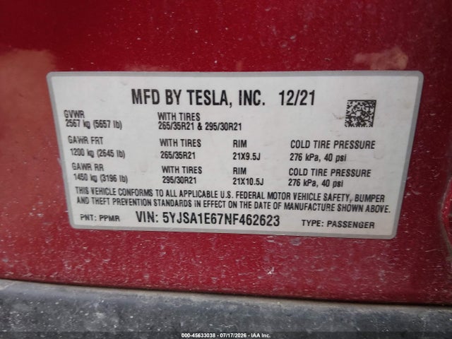 5YJSA1E67NF462623 Tesla Model S Plaid Tri Motor All-wheel Drive