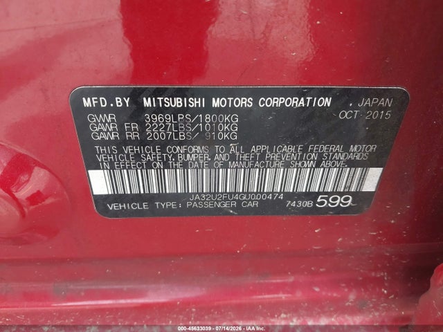 2016 Mitsubishi Lancer Es მანქანა იყიდება აუქციონზე, vin: JA32U2FU4GU000474, აუქციონის ნომერი: 45633039