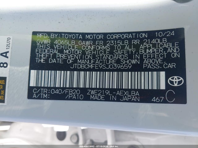 JTDBCMFE9SJ039659 Toyota Corolla Hybrid Le