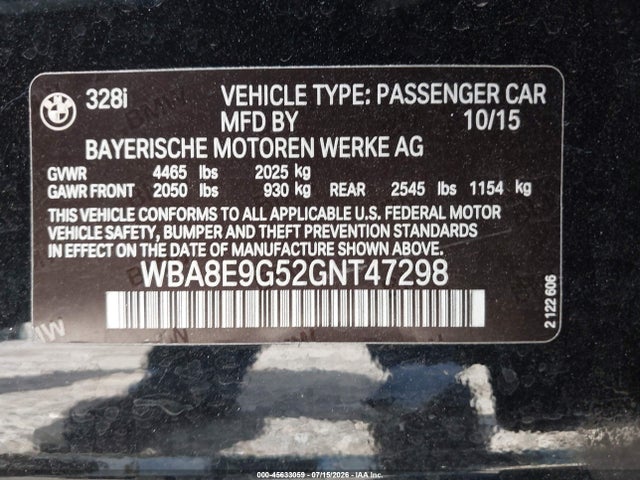 Aukcja sprzedaży 2016 Bmw 328i, vin: WBA8E9G52GNT47298, numer aukcji: 45633059