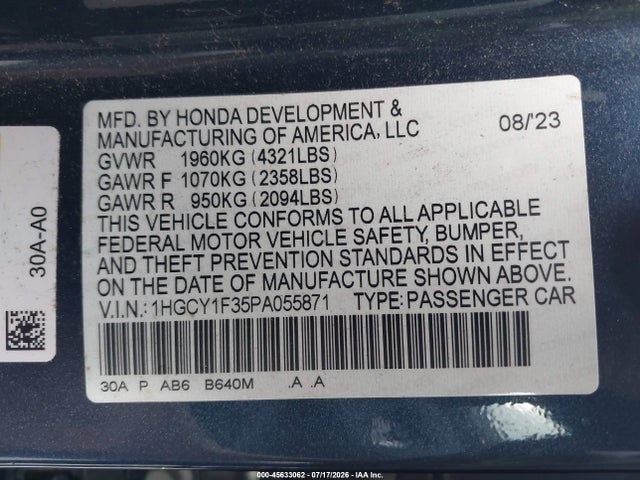 45633062 :رقم المزاد ، 1HGCY1F35PA055871 vin ، 2023 Honda Accord Ex مزاد بيع