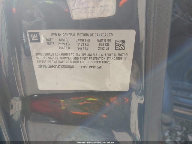 45633079 :رقم المزاد ، 2G1WG5E31C1333640 vin ، 2012 Chevrolet Impala Lt مزاد بيع