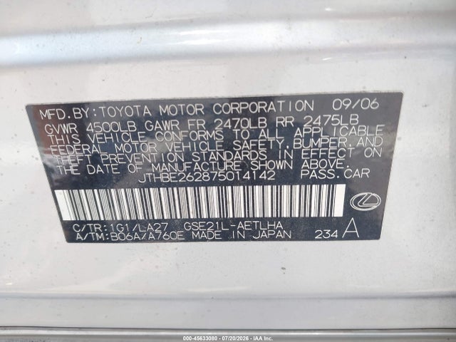 Aukcja sprzedaży 2007 Lexus Is 350, vin: JTHBE262875014142, numer aukcji: 45633080