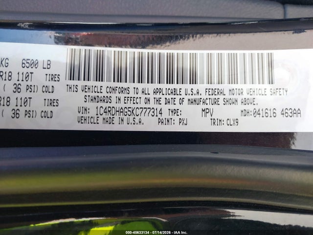 Aukcja sprzedaży 2019 Dodge Durango Sxt Plus Rwd, vin: 1C4RDHAG5KC777314, numer aukcji: 45633134
