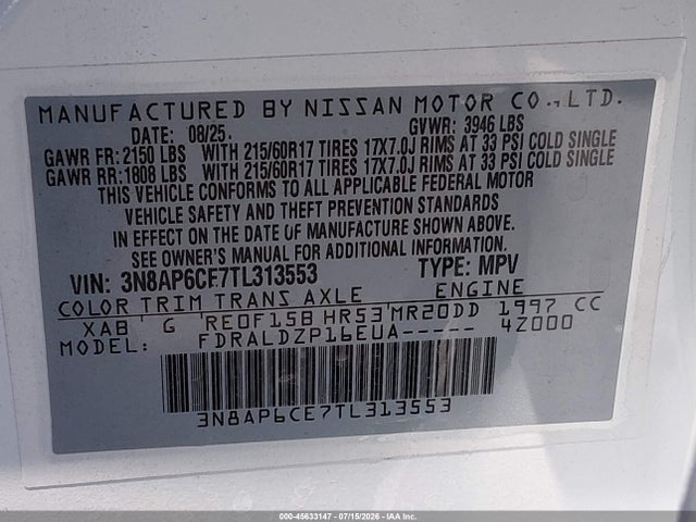 2026 Nissan Kicks Sv მანქანა იყიდება აუქციონზე, vin: 3N8AP6CE7TL313553, აუქციონის ნომერი: 45633147