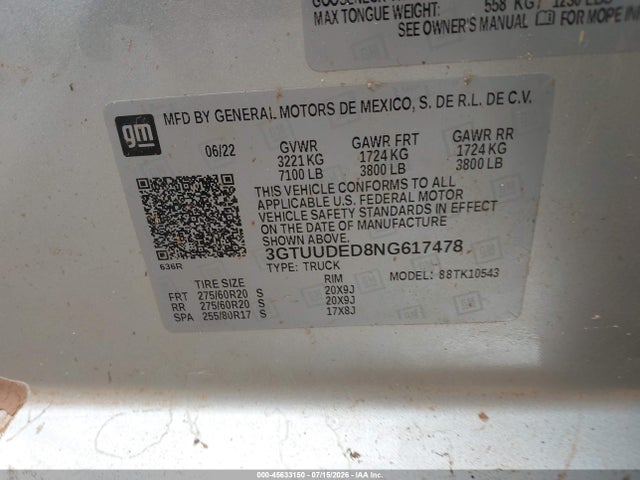 Продажа на аукционе авто 2022 Gmc Sierra 1500 4wd  Short Box Slt, vin: 3GTUUDED8NG617478, номер лота: 45633150