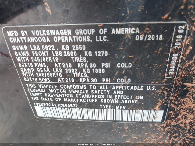 Продажа на аукционе авто 2018 Volkswagen Atlas 2.0t Se/2.0t Se W/technology, vin: 1V2DP2CA2JC600577, номер лота: 45633169